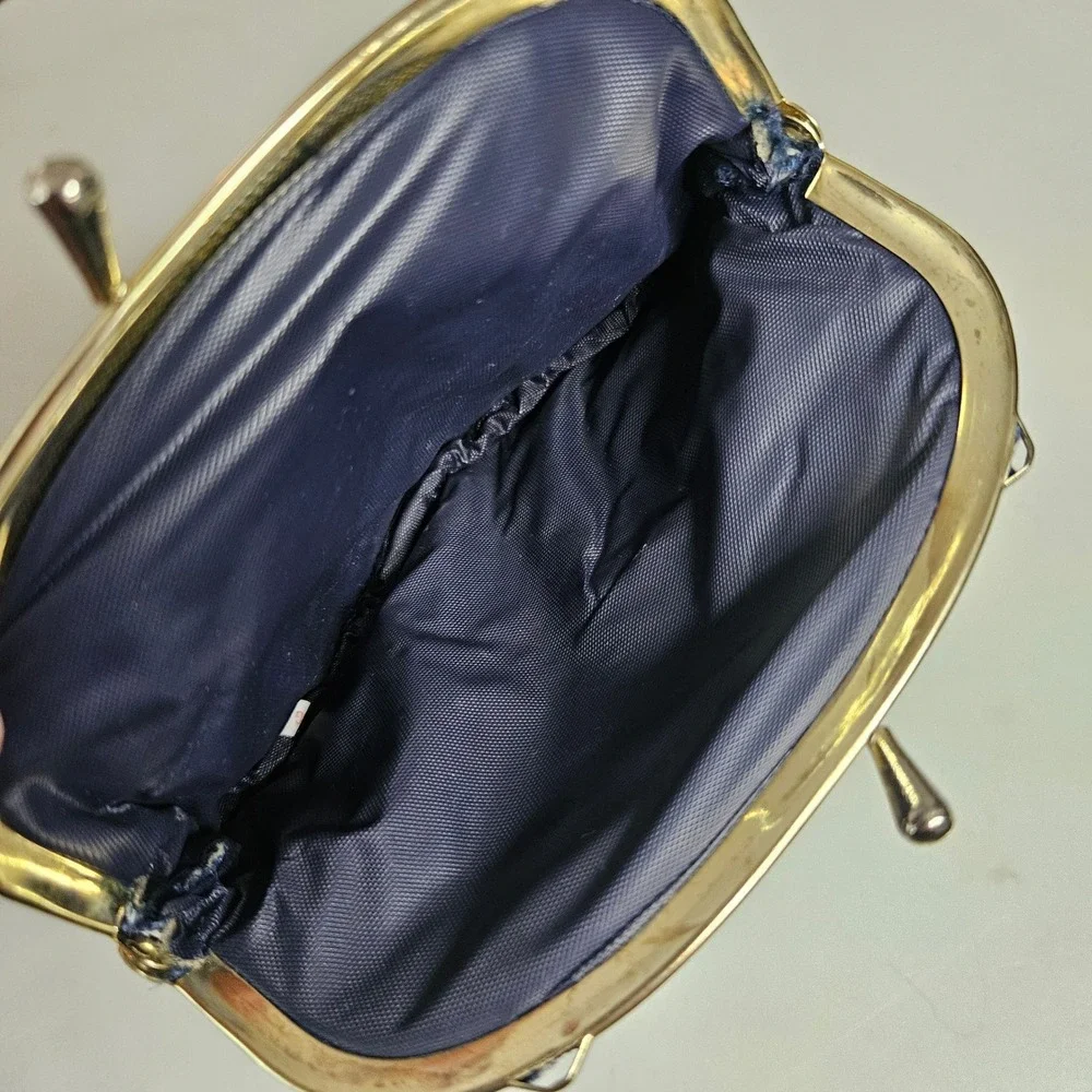 Vintage Navy Blue Velvet Lace Trim Coin Purse Gold Kiss Lock Made in Hong Kong